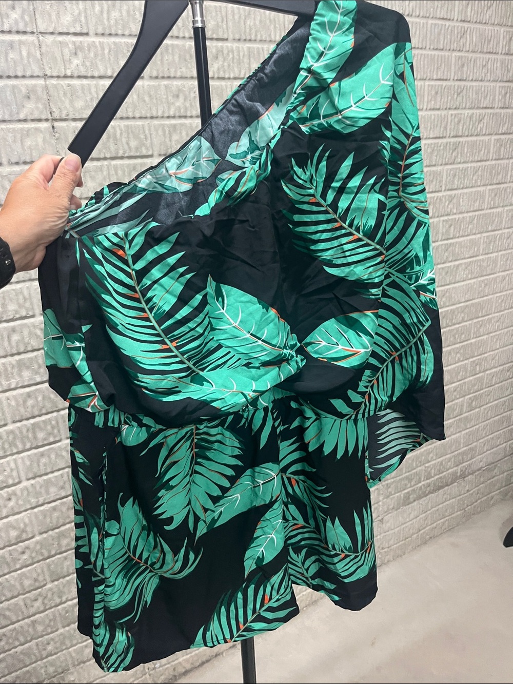 Cupshe Black One-Shoulder Swim Cover-Up with Green Tropical Leaves